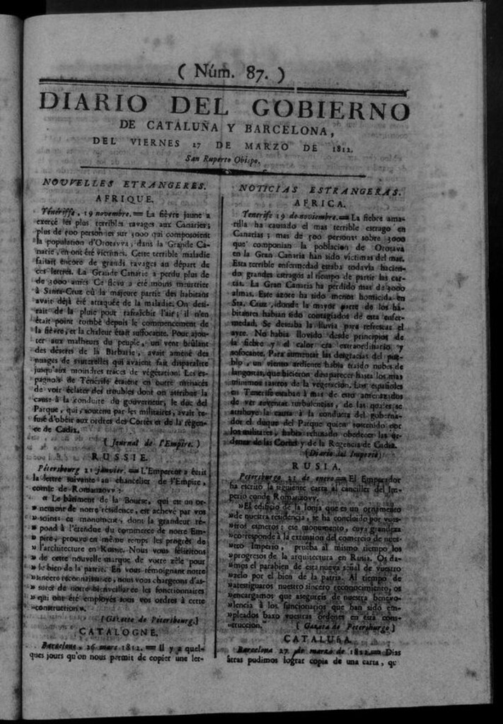 Miniatura de Diario de Barcelona del viernes 27 de marzo de 1812