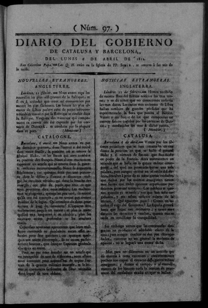 Miniatura de Diario de Barcelona del lunes 6 de abril de 1812
