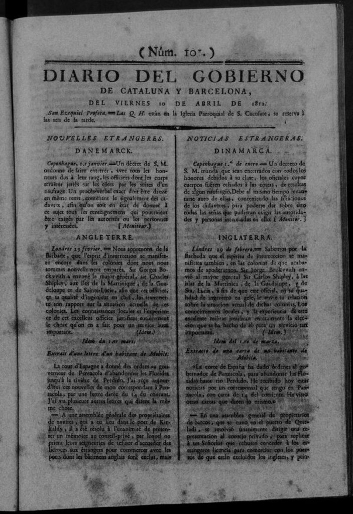 Miniatura de Diario de Barcelona del viernes 10 de abril de 1812
