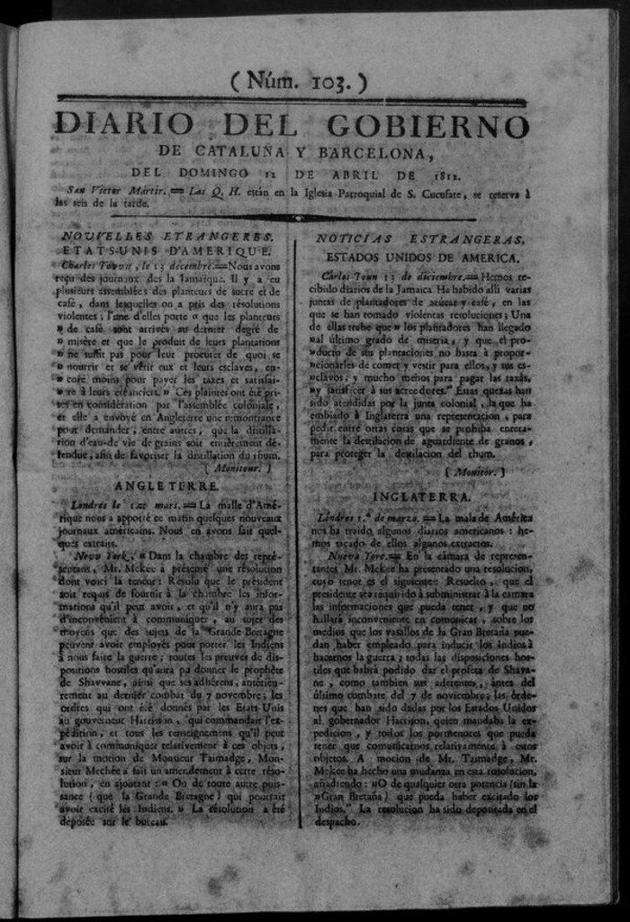 Miniatura de Diario de Barcelona del domingo 12 de abril de 1812