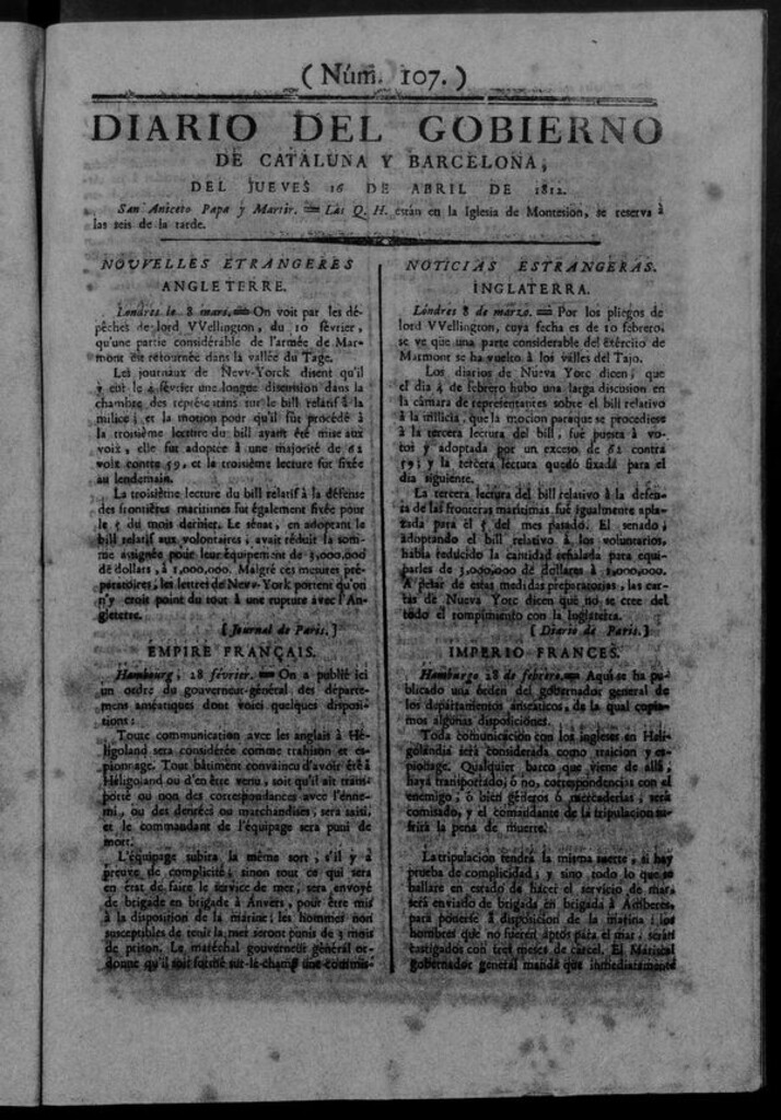 Miniatura de Diario de Barcelona del jueves 16 de abril de 1812