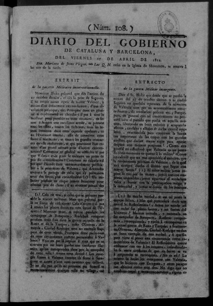 Miniatura de Diario de Barcelona del viernes 17 de abril de 1812