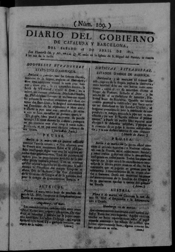 Miniatura de Diario de Barcelona del sábado 18 de abril de 1812