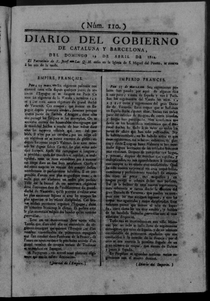 Miniatura de Diario de Barcelona del domingo 19 de abril de 1812