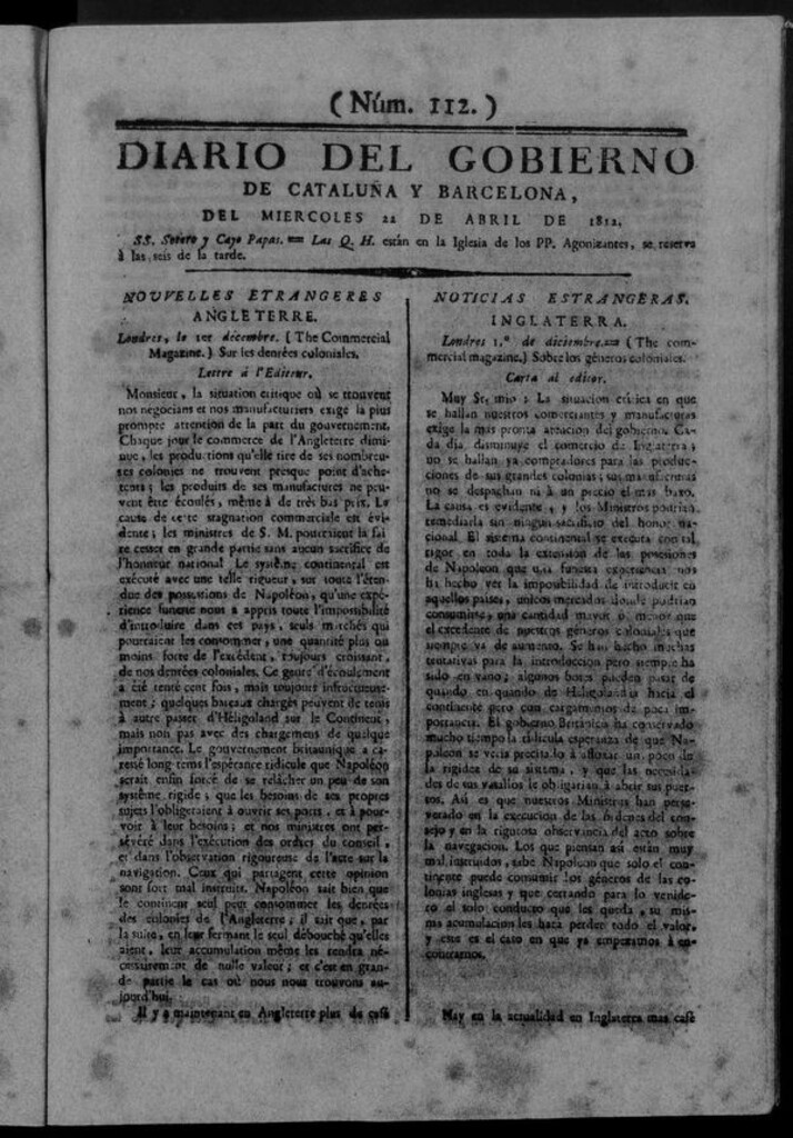 Miniatura de Diario de Barcelona del miércoles 22 de abril de 1812