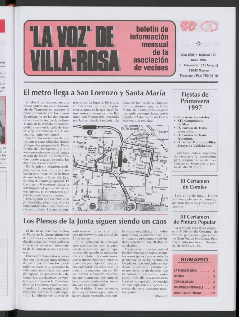 Miniatura de La Voz de Villa-Rosa: boletín informativo mensual de la asociación de vecinos, nº129 de abril de 1997