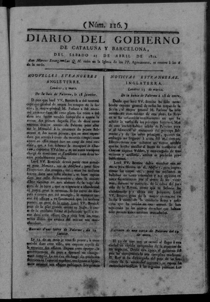 Miniatura de Diario de Barcelona del sábado 25 de abril de 1812