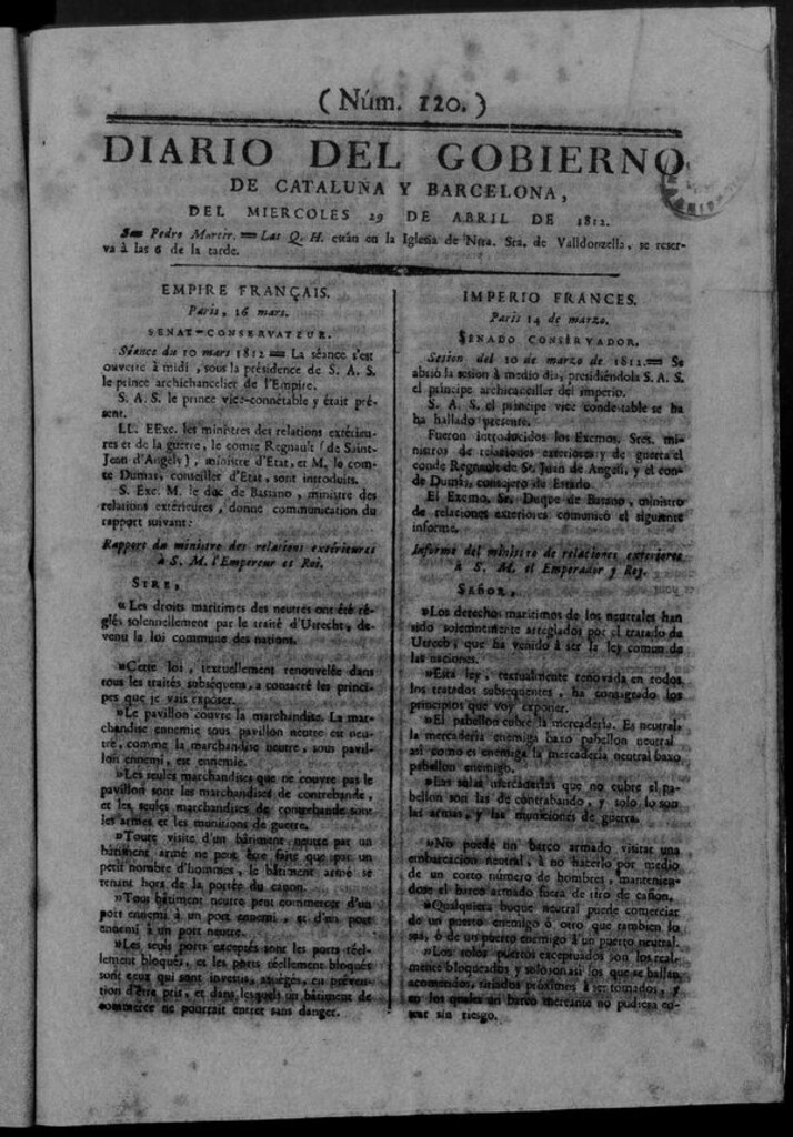 Miniatura de Diario de Barcelona del miércoles 29 de abril de 1812