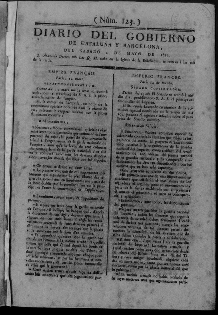 Miniatura de Diario de Barcelona del sábado 2 de mayo de 1812