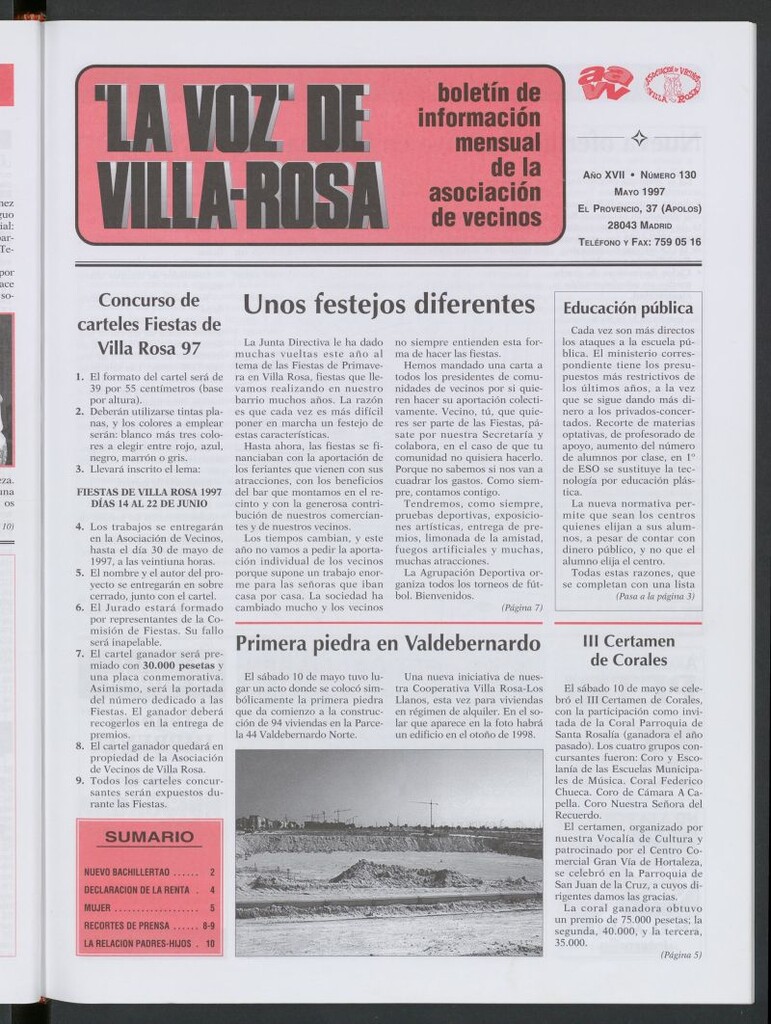 Miniatura de La Voz de Villa-Rosa: boletín informativo mensual de la asociación de vecinos, nº130 de mayo de 1997