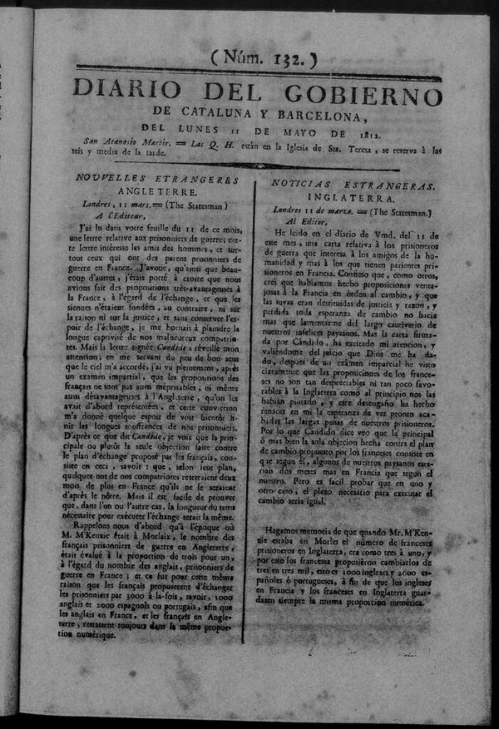 Miniatura de Diario de Barcelona del lunes 11 de mayo de 1812