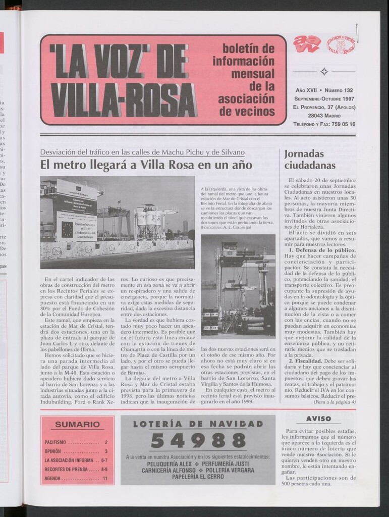 Miniatura de La Voz de Villa-Rosa: boletín informativo mensual de la asociación de vecinos, nº132 de septiembre-octubre de 1997