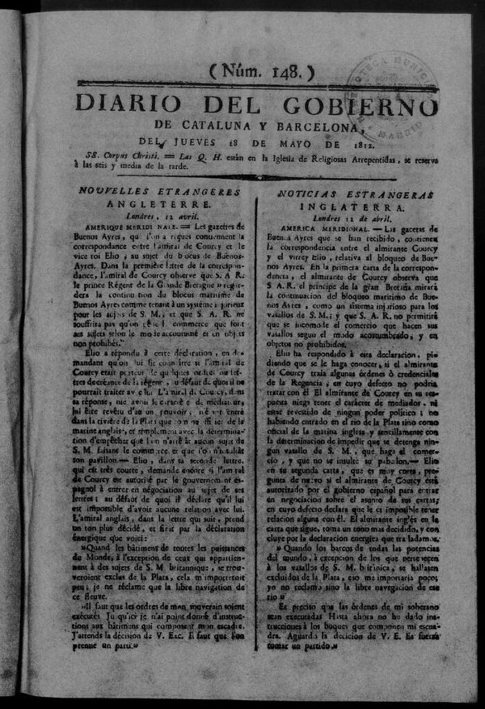 Miniatura de Diario de Barcelona del jueves 28 de mayo de 1812