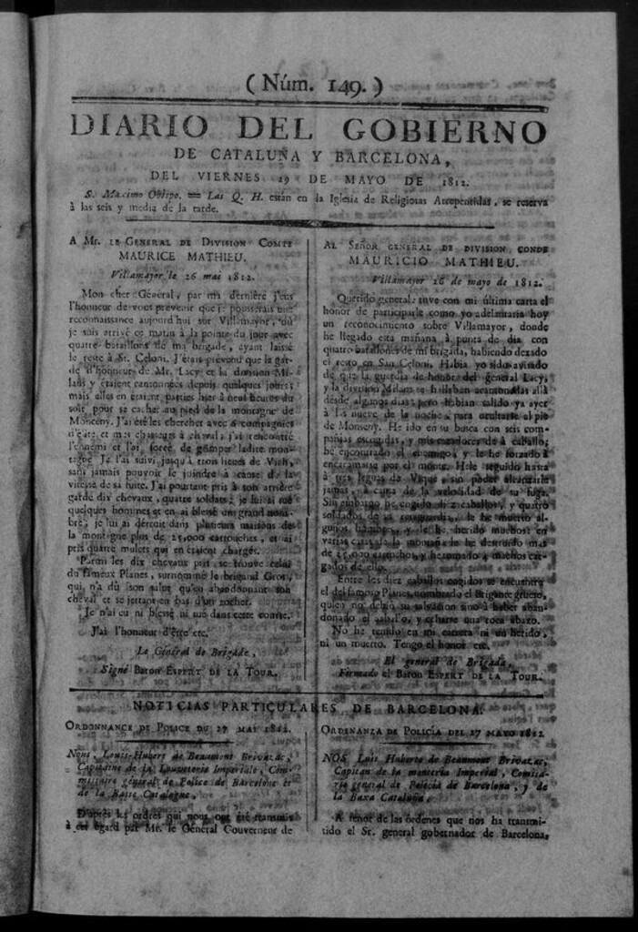 Miniatura de Diario de Barcelona del viernes 29 de mayo de 1812