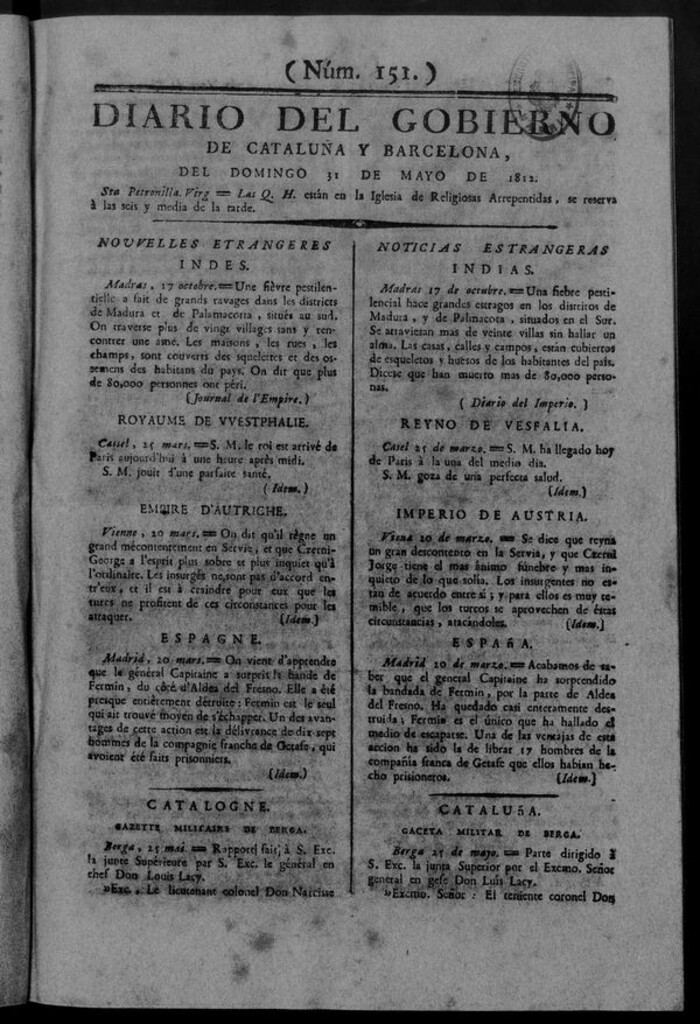 Miniatura de Diario de Barcelona del domingo 31 de mayo de 1812