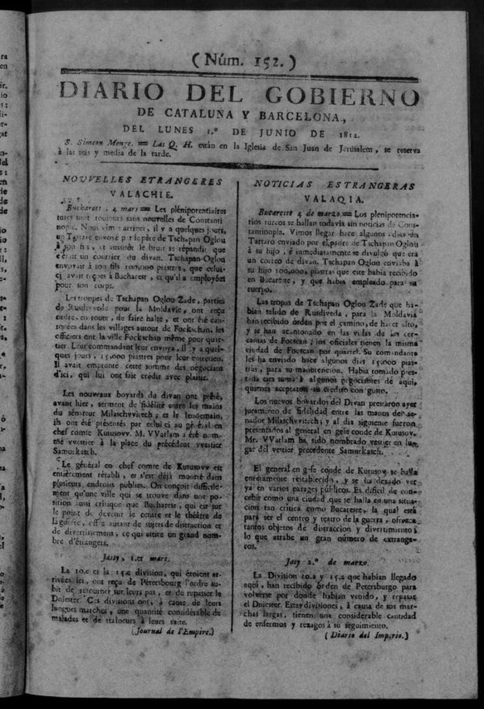 Miniatura de Diario de Barcelona del lunes 1 de junio de 1812