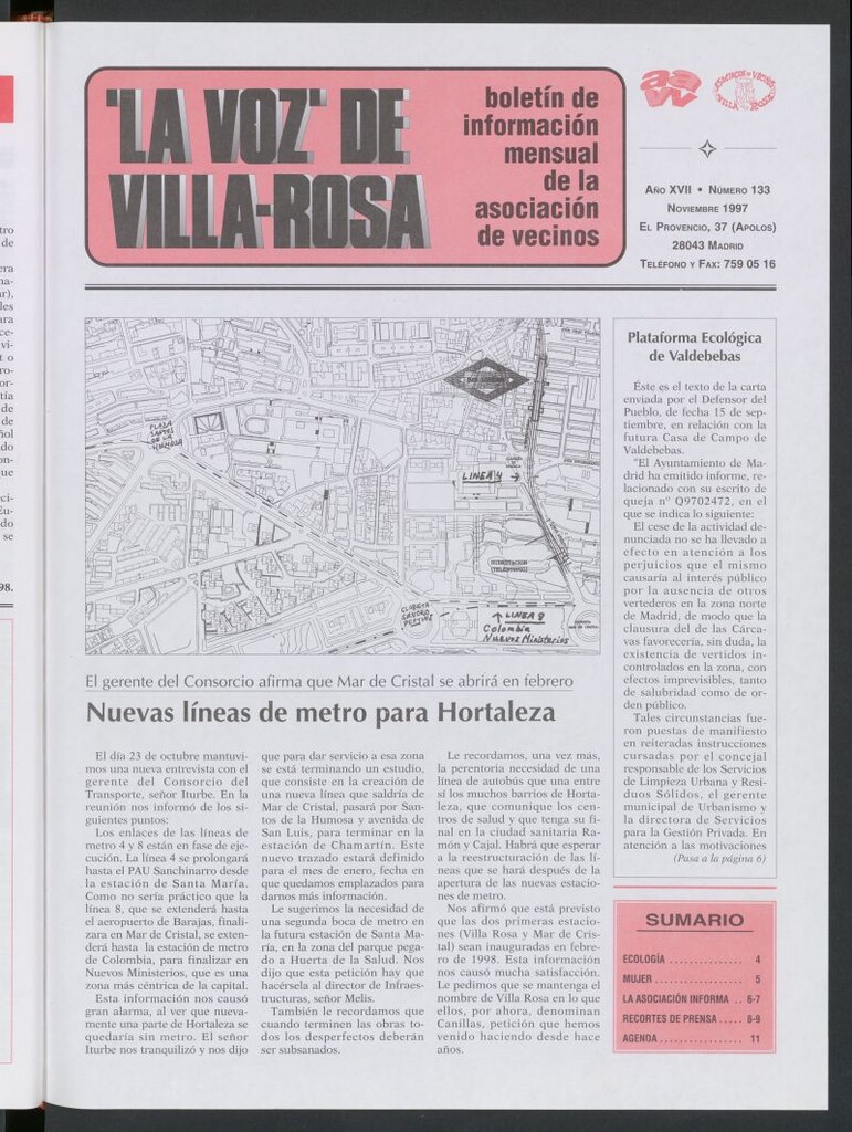 Miniatura de La Voz de Villa-Rosa: boletín informativo mensual de la asociación de vecinos, nº133 de noviembre de 1997