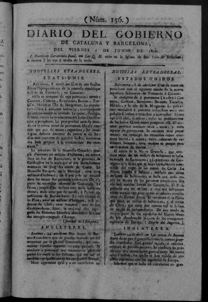 Miniatura de Diario de Barcelona del viernes 5 de junio de 1812