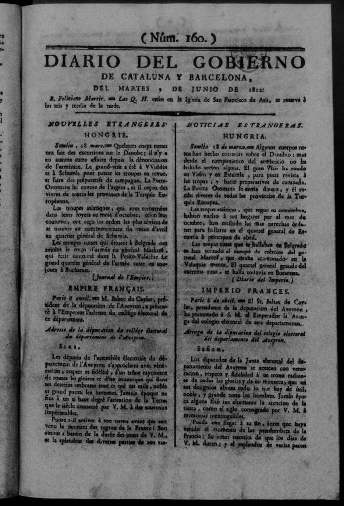 Miniatura de Diario de Barcelona del martes 9 de junio de 1812