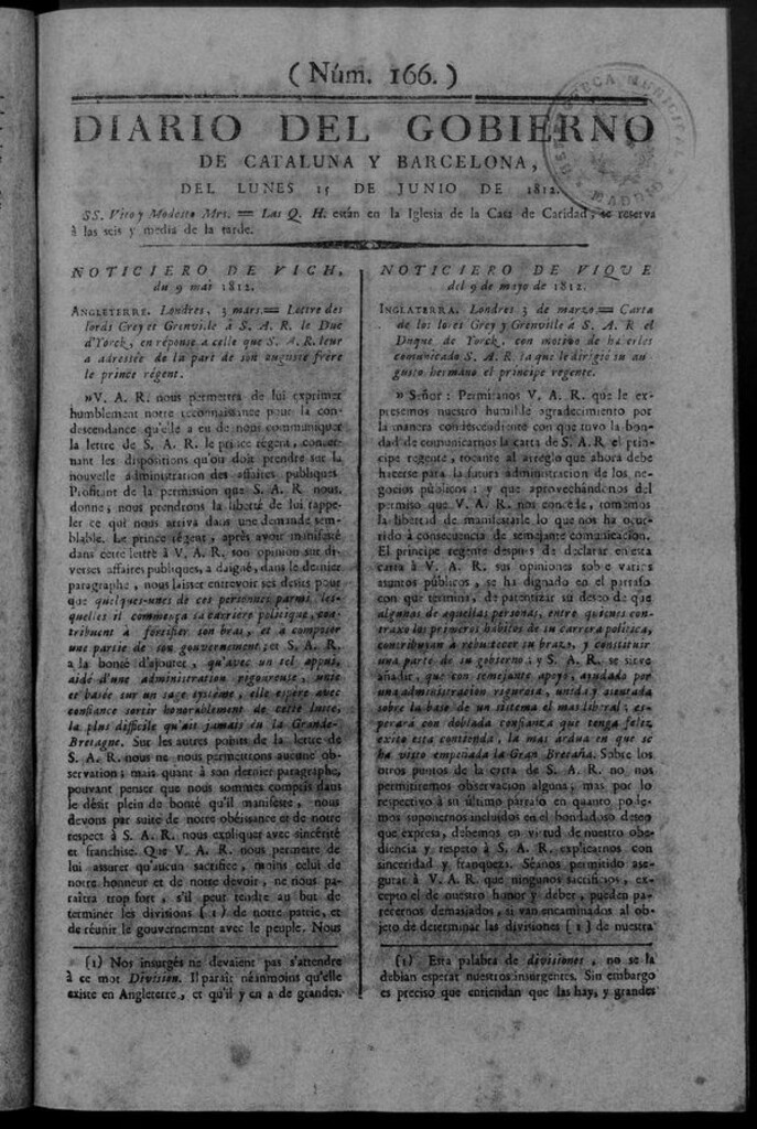 Miniatura de Diario de Barcelona del lunes 15 de junio de 1812