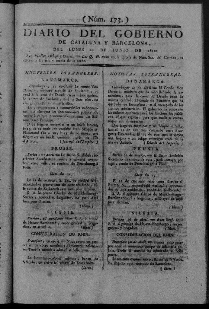 Miniatura de Diario de Barcelona del lunes 22 de junio de 1812