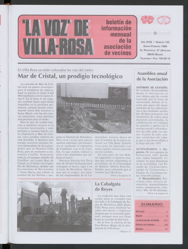Miniatura de La Voz de Villa-Rosa: boletín informativo mensual de la asociación de vecinos, nº135 de enero-febrero de 1998
