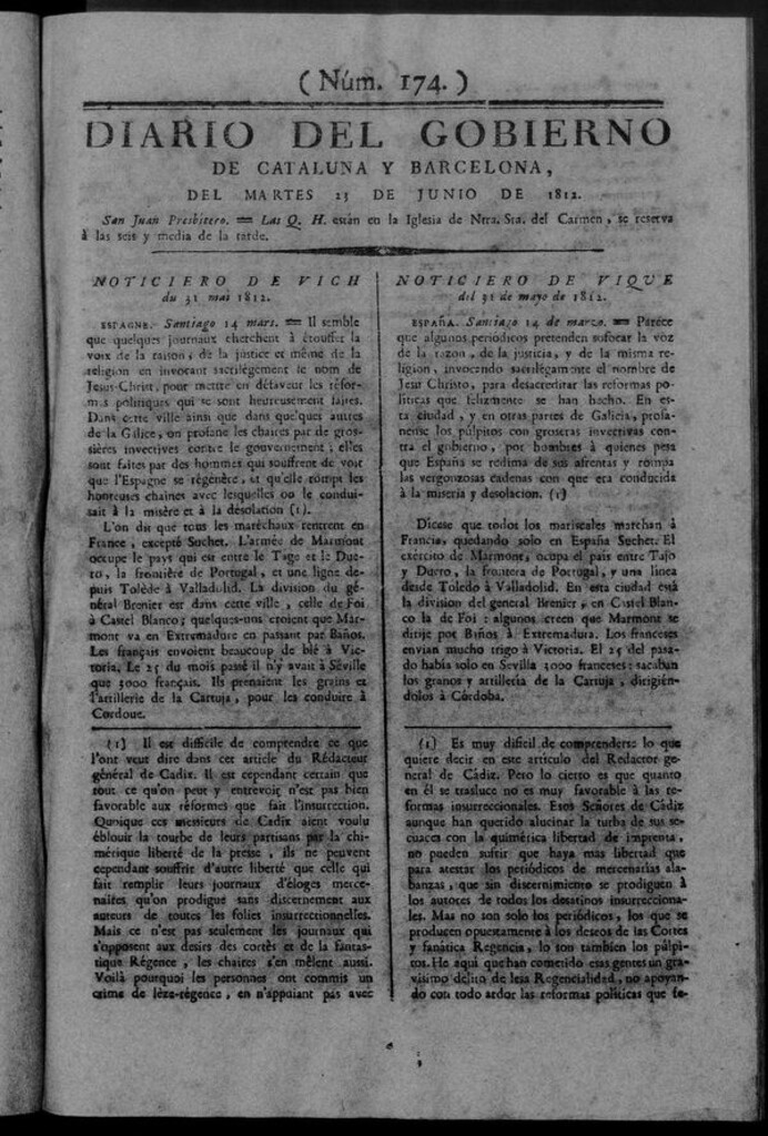 Miniatura de Diario de Barcelona del martes 23 de junio de 1812