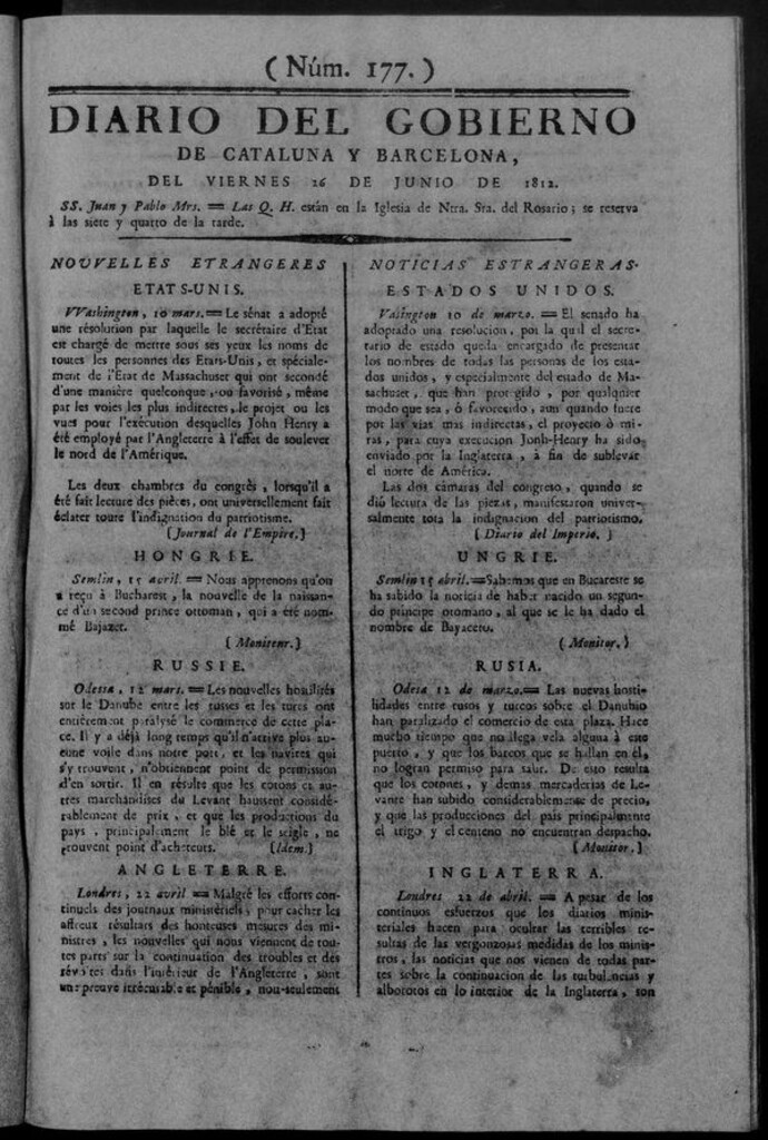 Miniatura de Diario de Barcelona del viernes 26 de junio de 1812