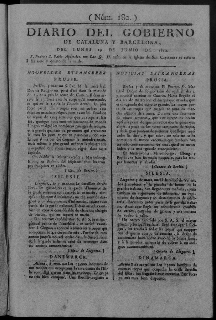 Miniatura de Diario de Barcelona del lunes 29 de junio de 1812
