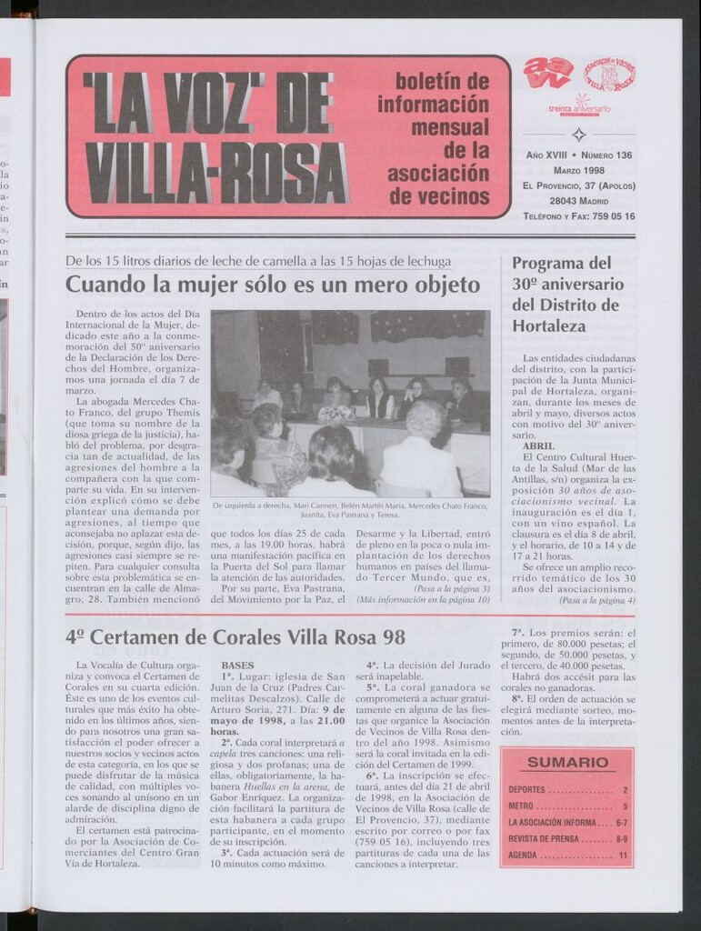 Miniatura de La Voz de Villa-Rosa: boletín informativo mensual de la asociación de vecinos, nº136 de marzo de 1998