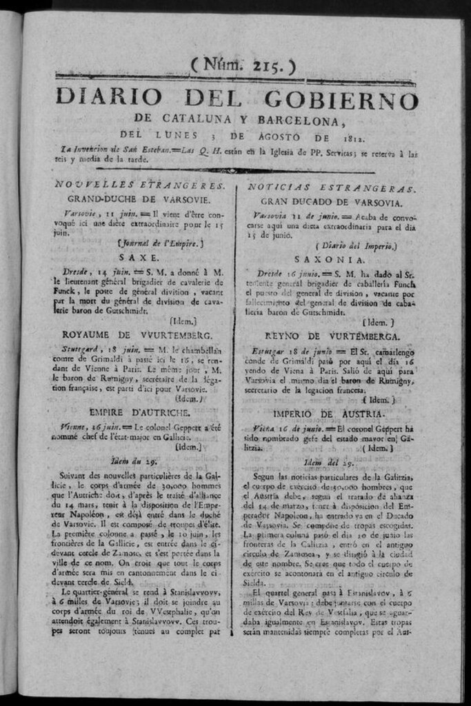 Miniatura de Diario de Barcelona del lunes 3 de Agosto de 1812