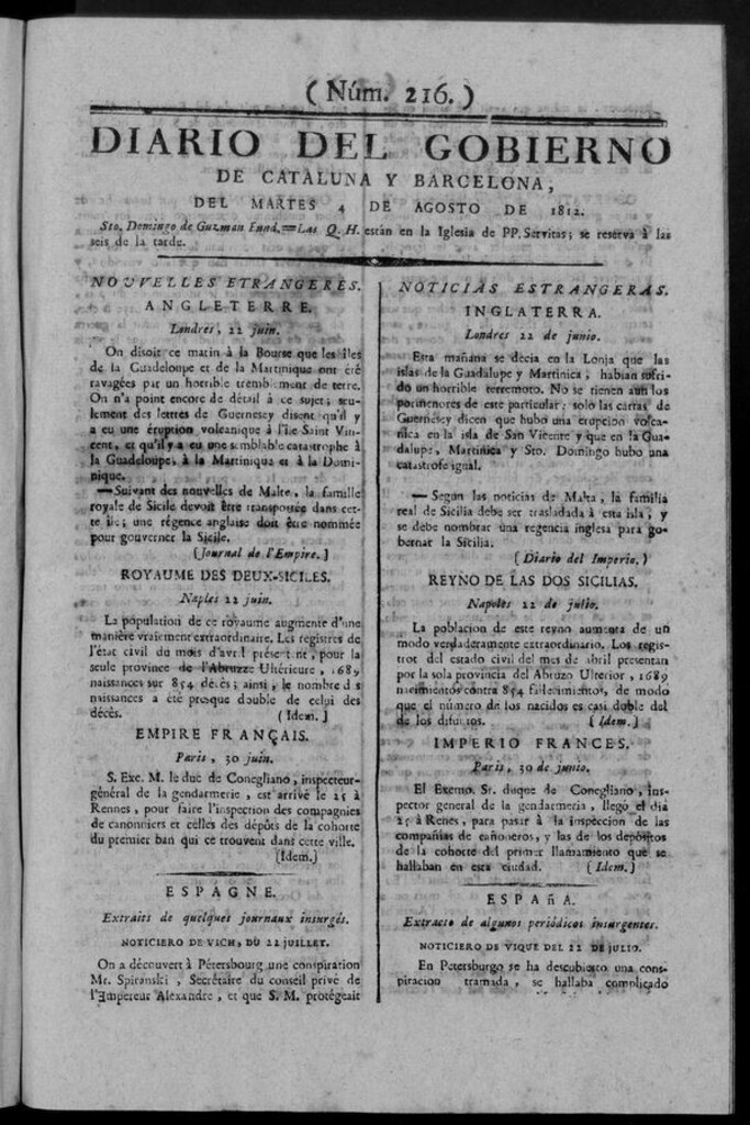 Miniatura de Diario de Barcelona del martes 4 de Agosto de 1812
