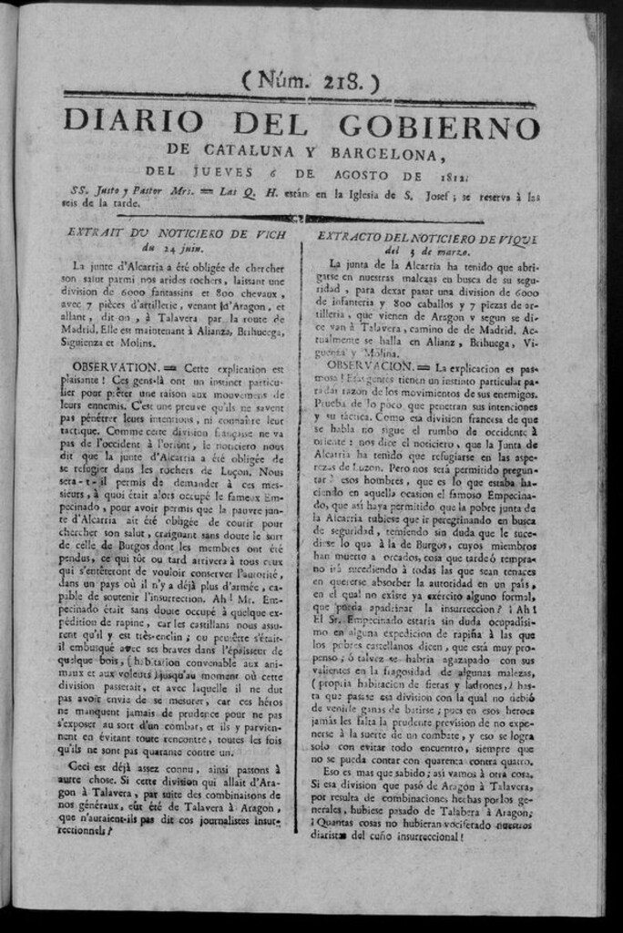 Miniatura de Diario de Barcelona del jueves 6 de Agosto de 1812