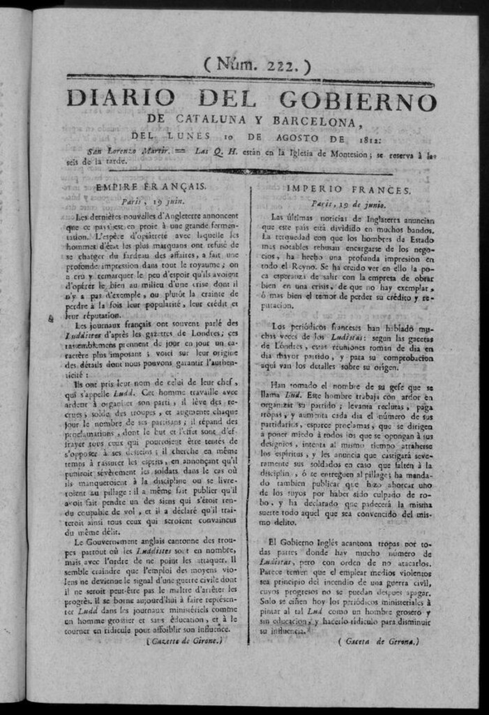Miniatura de Diario de Barcelona del lunes 10 de Agosto de 1812