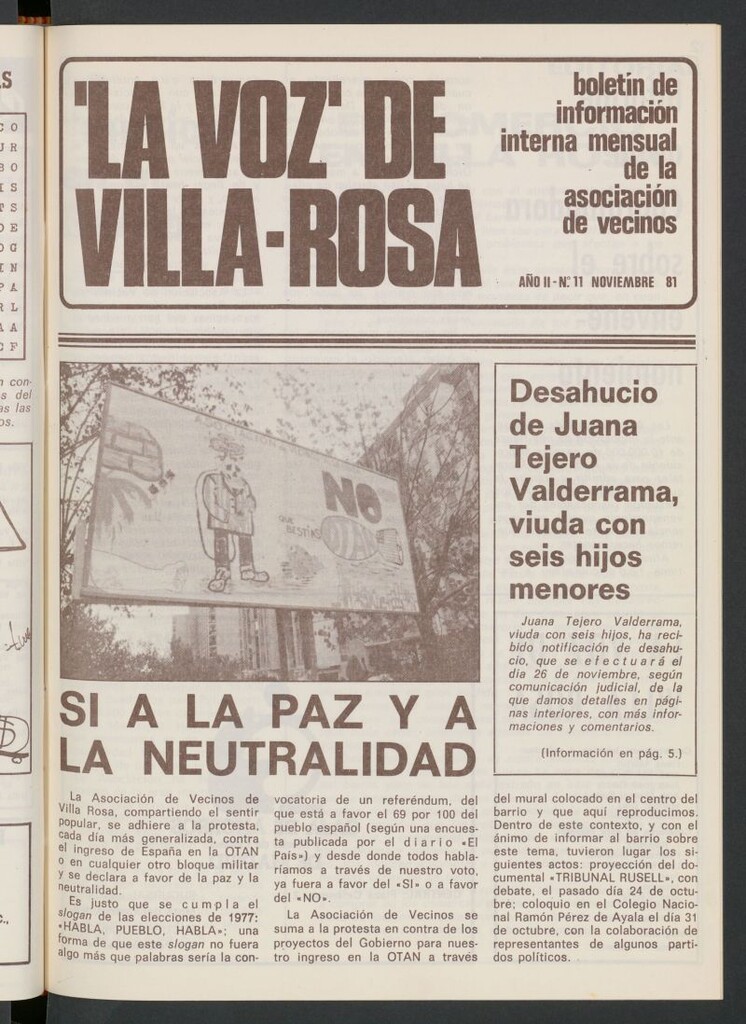 Miniatura de La Voz de Villa-Rosa: boletín informativo mensual de la asociación de vecinos, nº 11 de noviembre de 1981