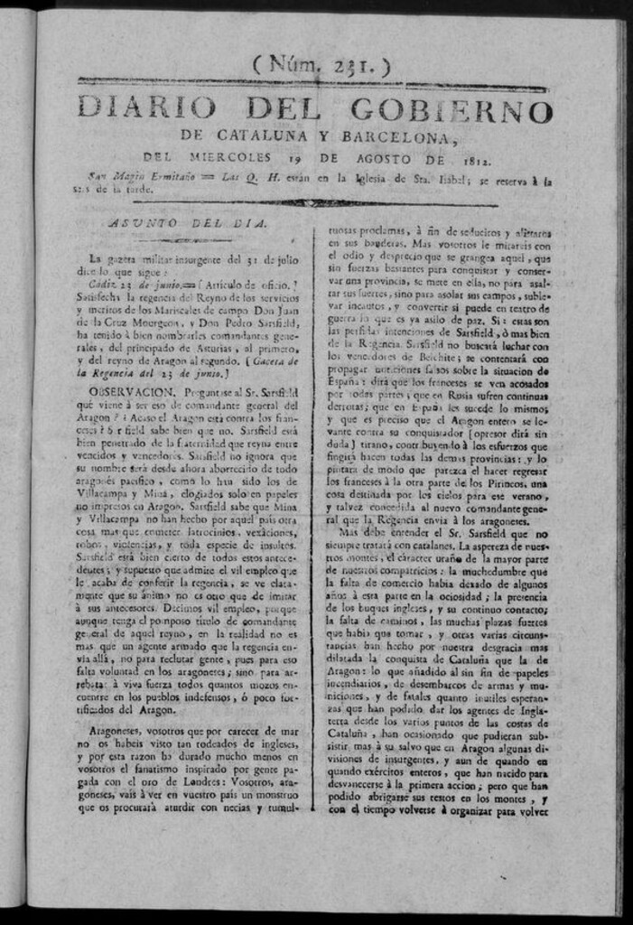 Miniatura de Diario de Barcelona del miércoles 19 de Agosto de 1812