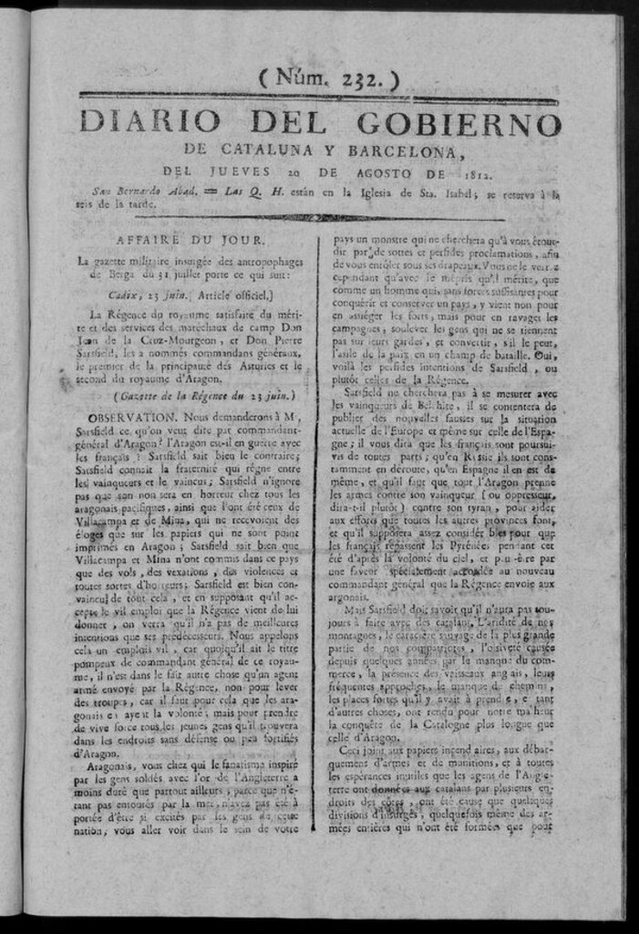 Miniatura de Diario de Barcelona del jueves 20 de Agosto de 1812