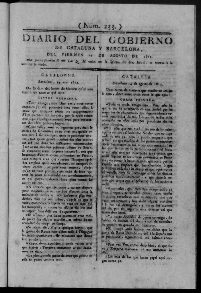 Miniatura de Diario de Barcelona del viernes 21 de Agosto de 1812
