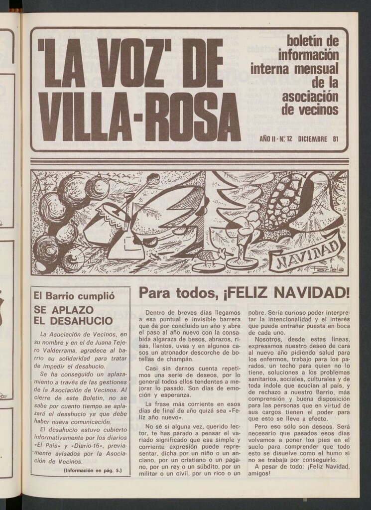 Miniatura de La Voz de Villa-Rosa: boletín informativo mensual de la asociación de vecinos, nº 12  de diciembre de 1981