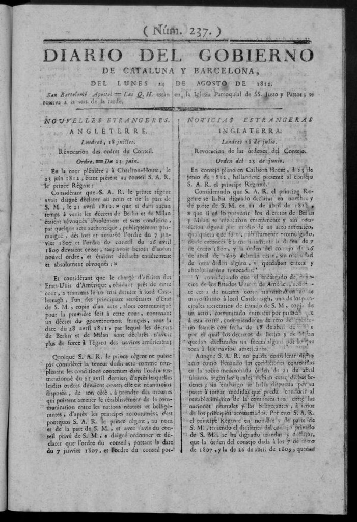 Miniatura de Diario de Barcelona del lunes 24 de Agosto de 1812