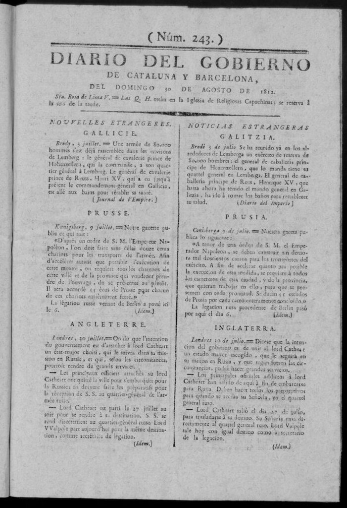 Miniatura de Diario de Barcelona del domingo 30 de Agosto de 1812