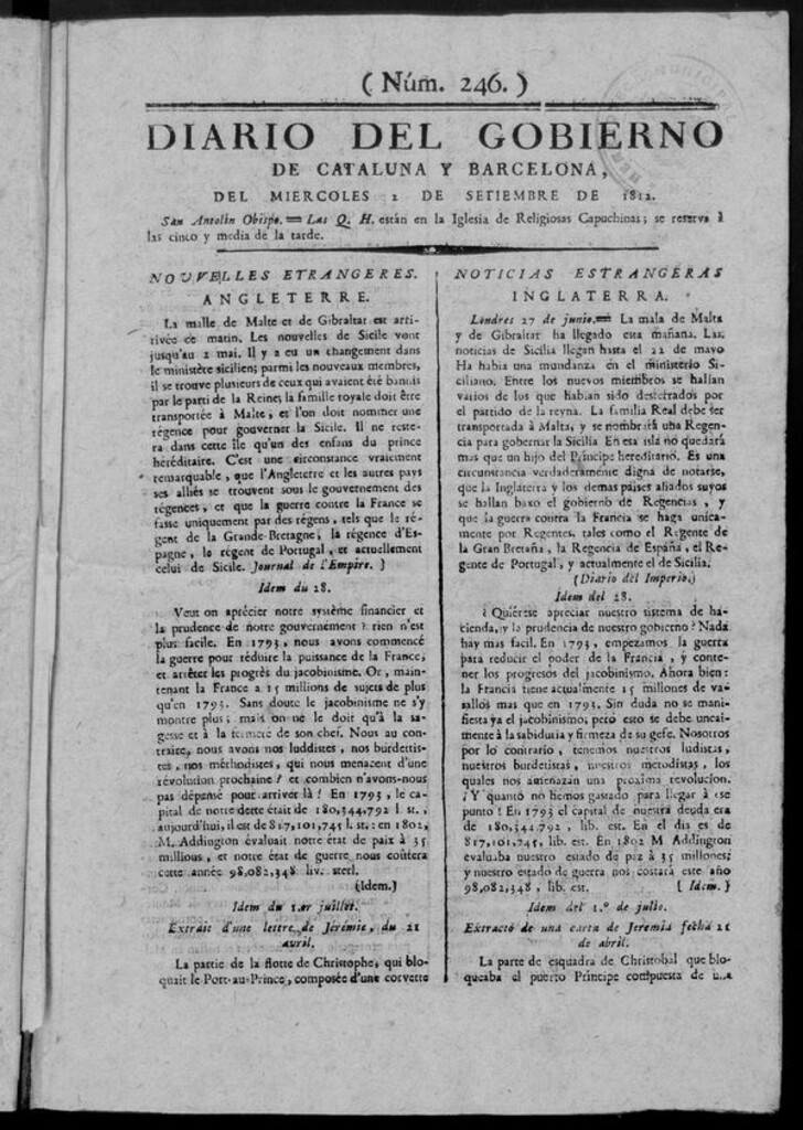 Miniatura de Diario de Barcelona del miércoles 2 septiembre de 1812