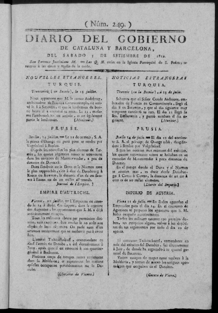 Miniatura de Diario de Barcelona del sábado 5 septiembre de 1812