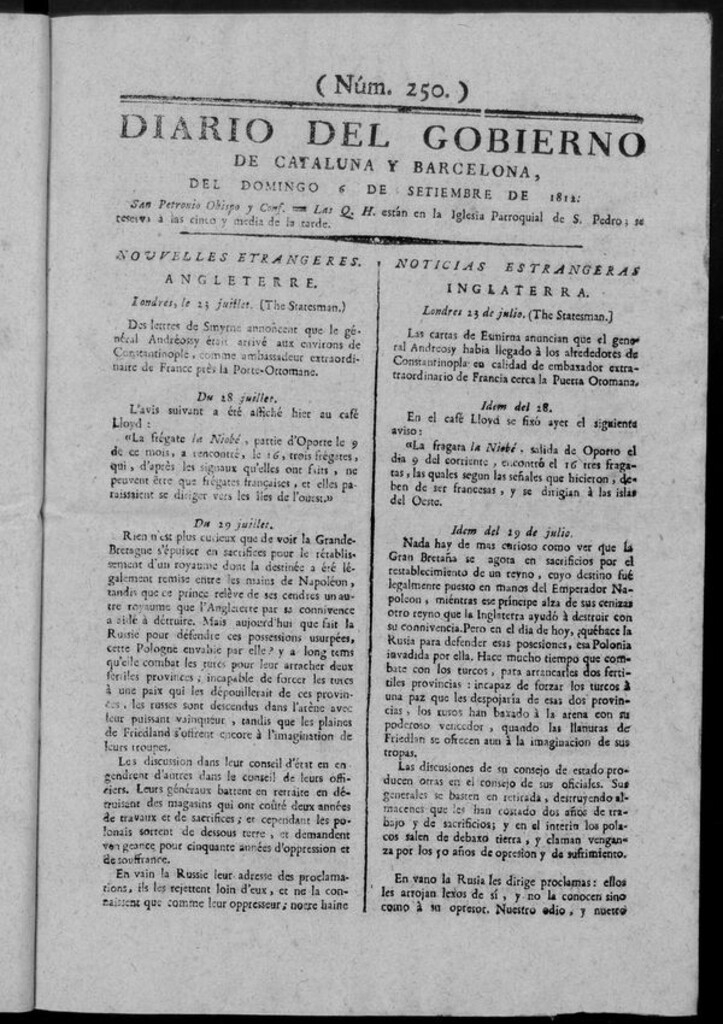 Miniatura de Diario de Barcelona del domingo 6 septiembre de 1812