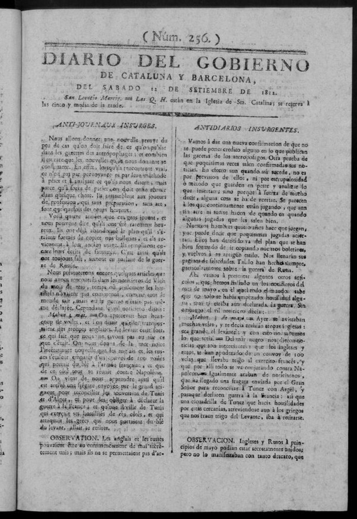 Miniatura de Diario de Barcelona del sábado 12 septiembre de 1812