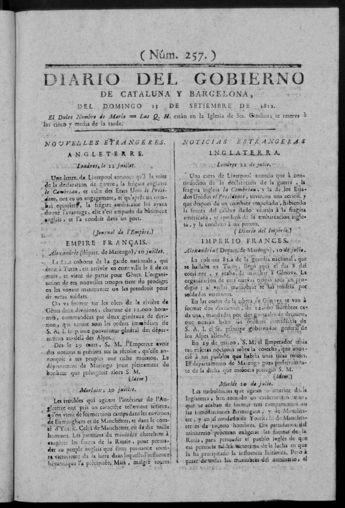 Miniatura de Diario de Barcelona del domingo 13 septiembre de 1812