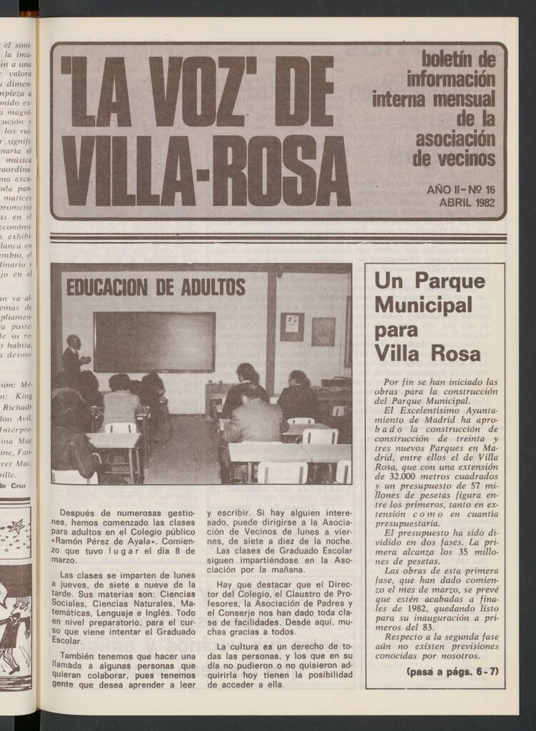 Miniatura de La Voz de Villa-Rosa: boletín informativo mensual de la asociación de vecinos, nº 16 de abril de 1982