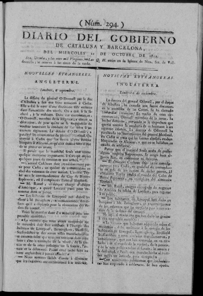 Miniatura de Diario de Barcelona del miércoles 21 de octubre de 1812
