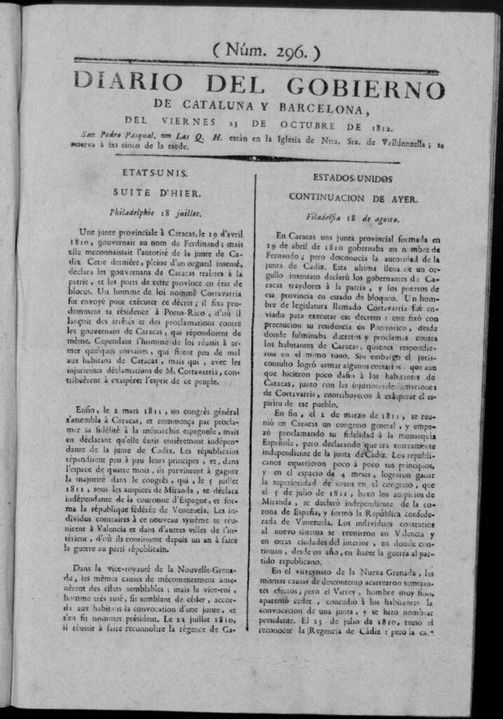 Miniatura de Diario de Barcelona del viernes 23 de octubre de 1812