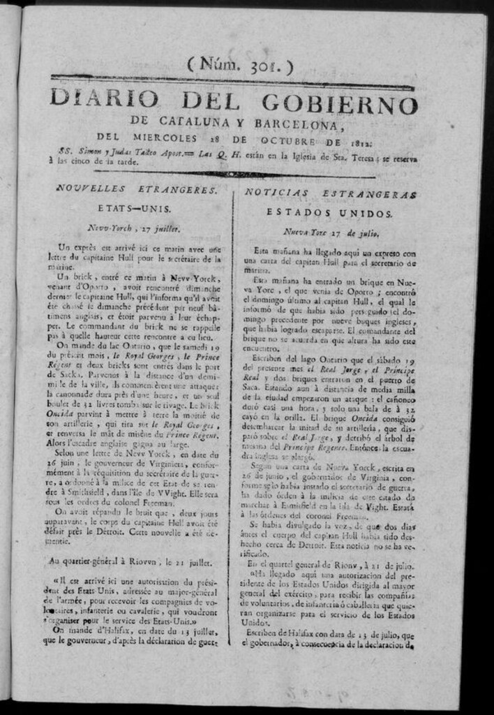 Miniatura de Diario de Barcelona del miércoles 28 de octubre de 1812